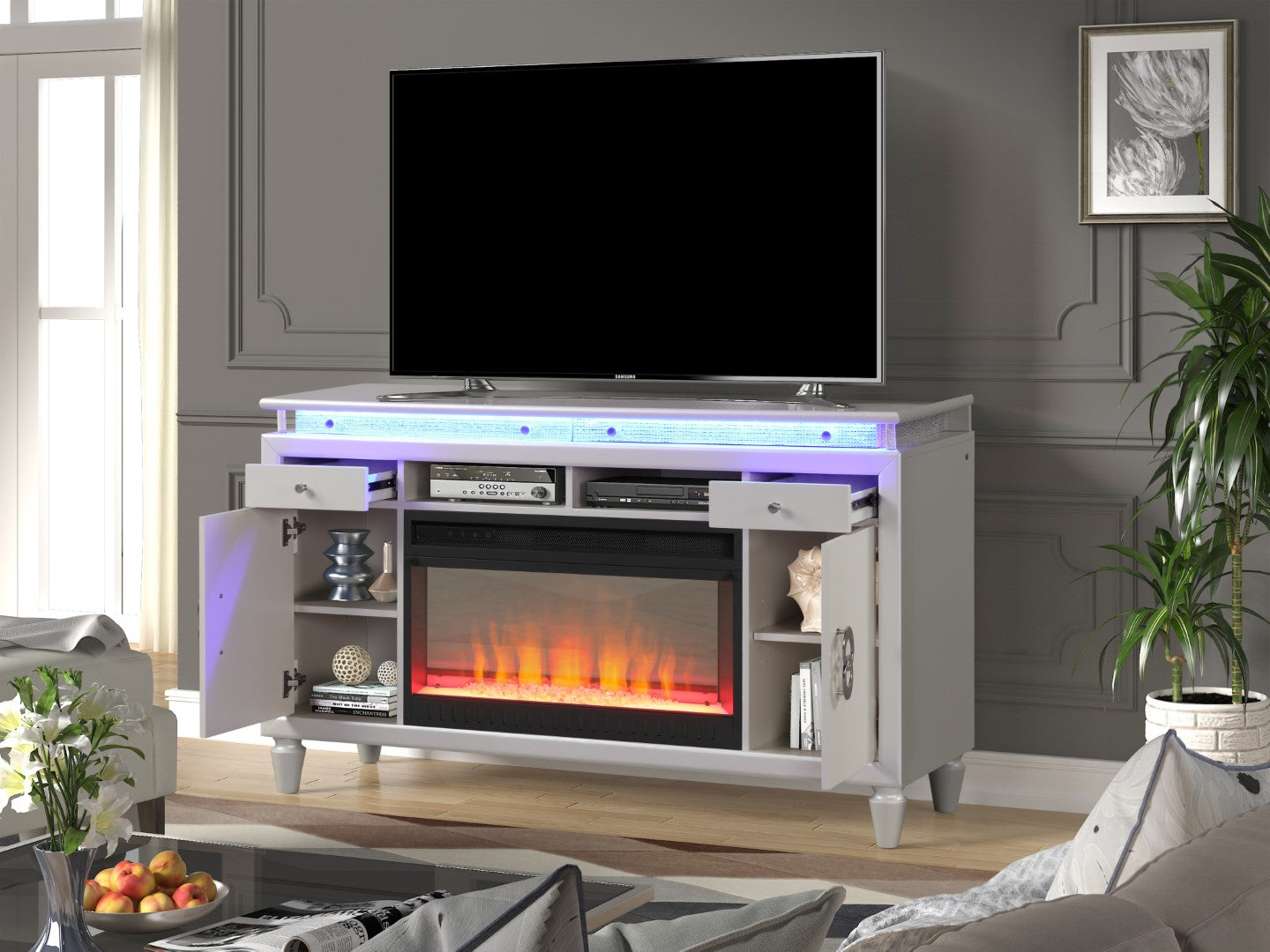 Perla Solid Wood TV Stand With Electric Fireplace