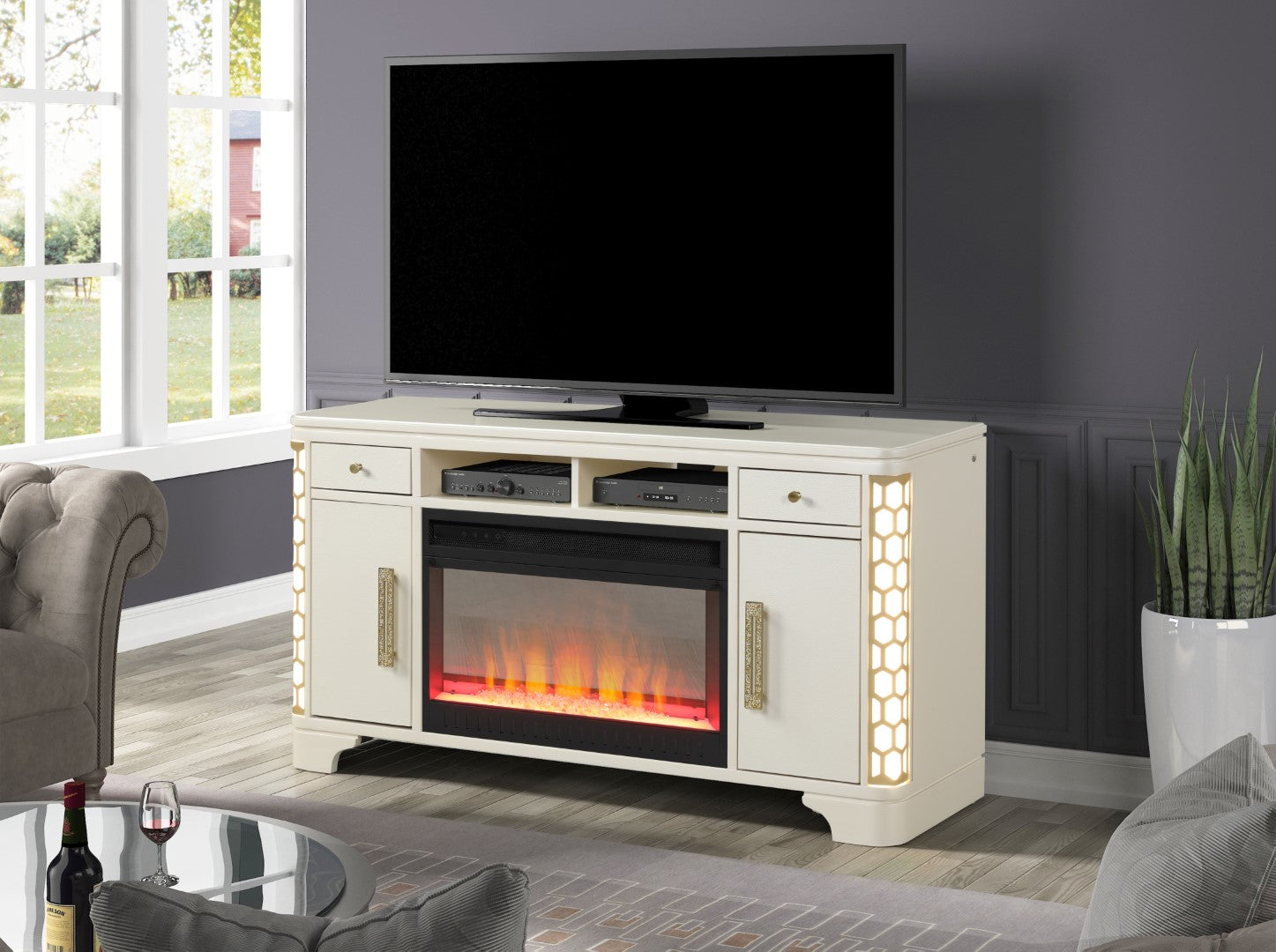 Galaxy Home Jasmine Solid Wood TV Stand With Electric Fireplace Beige Wood