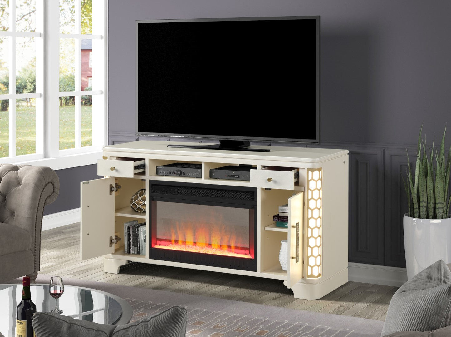 Jasmine Solid Wood TV Stand With Electric Fireplace