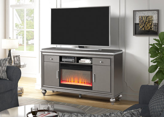 Galaxy Home Ginger Solid Wood TV Stand With Electric Fireplace Gunmetal Gray Wood