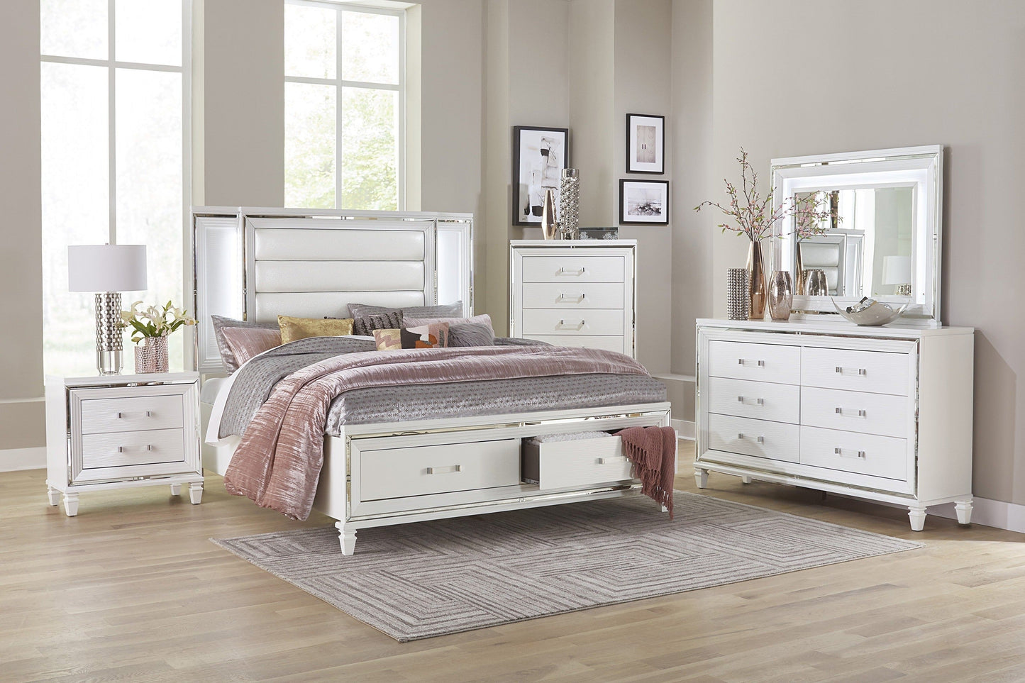 Tamsin White LED Upholstered Storage Platform Bedroom Set