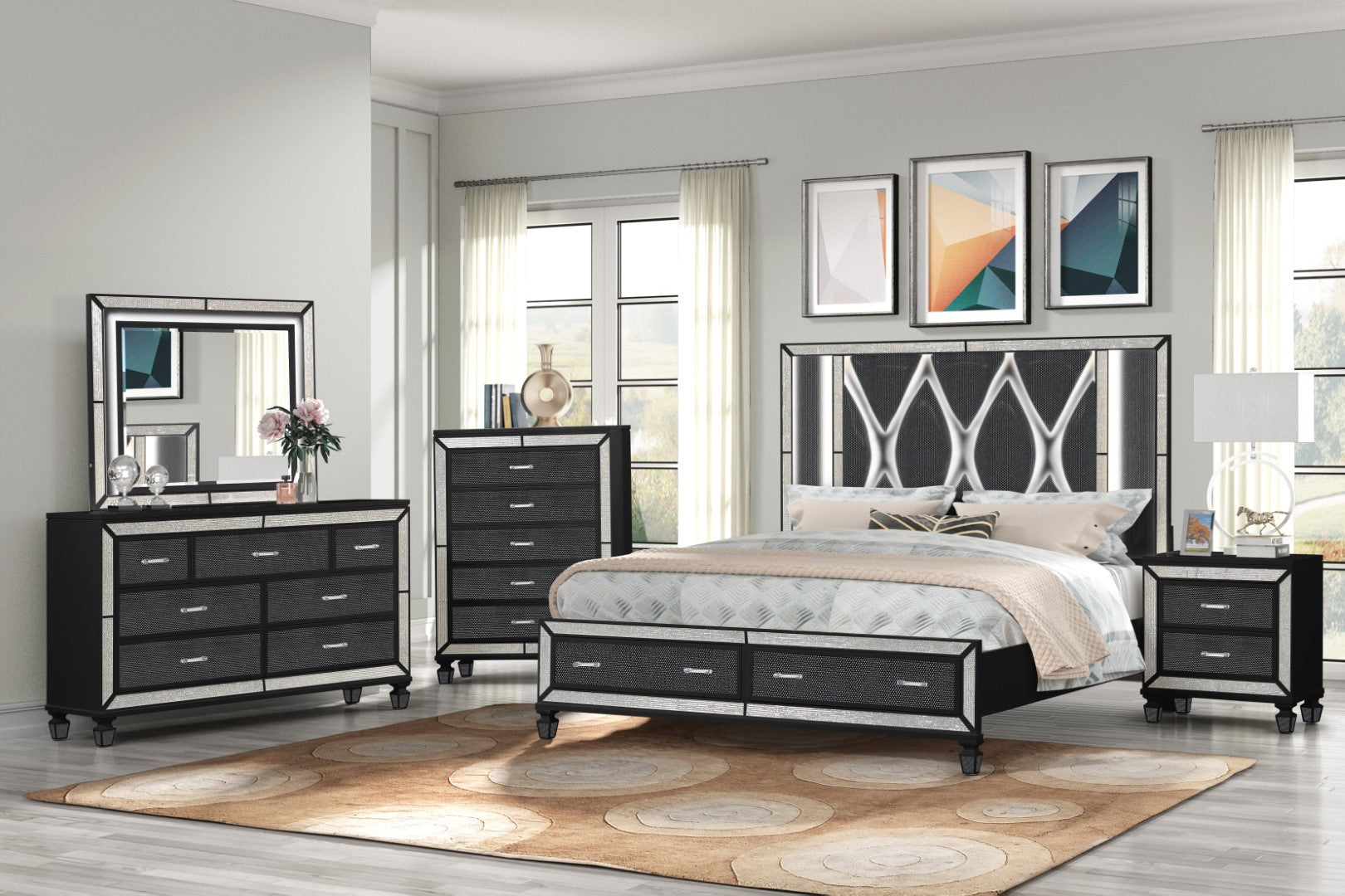 Galaxy Home Crystal King 4 Piece Storage Wood Bedroom Set Finished Black Wood