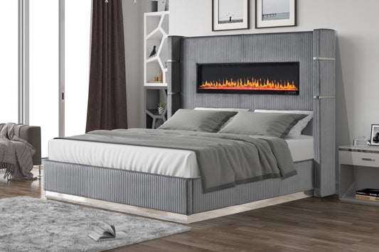 Galaxy Home Lizelle Upholstery Wooden King Bed with Ambient lighting Gray Velvet Finish Solid Wood