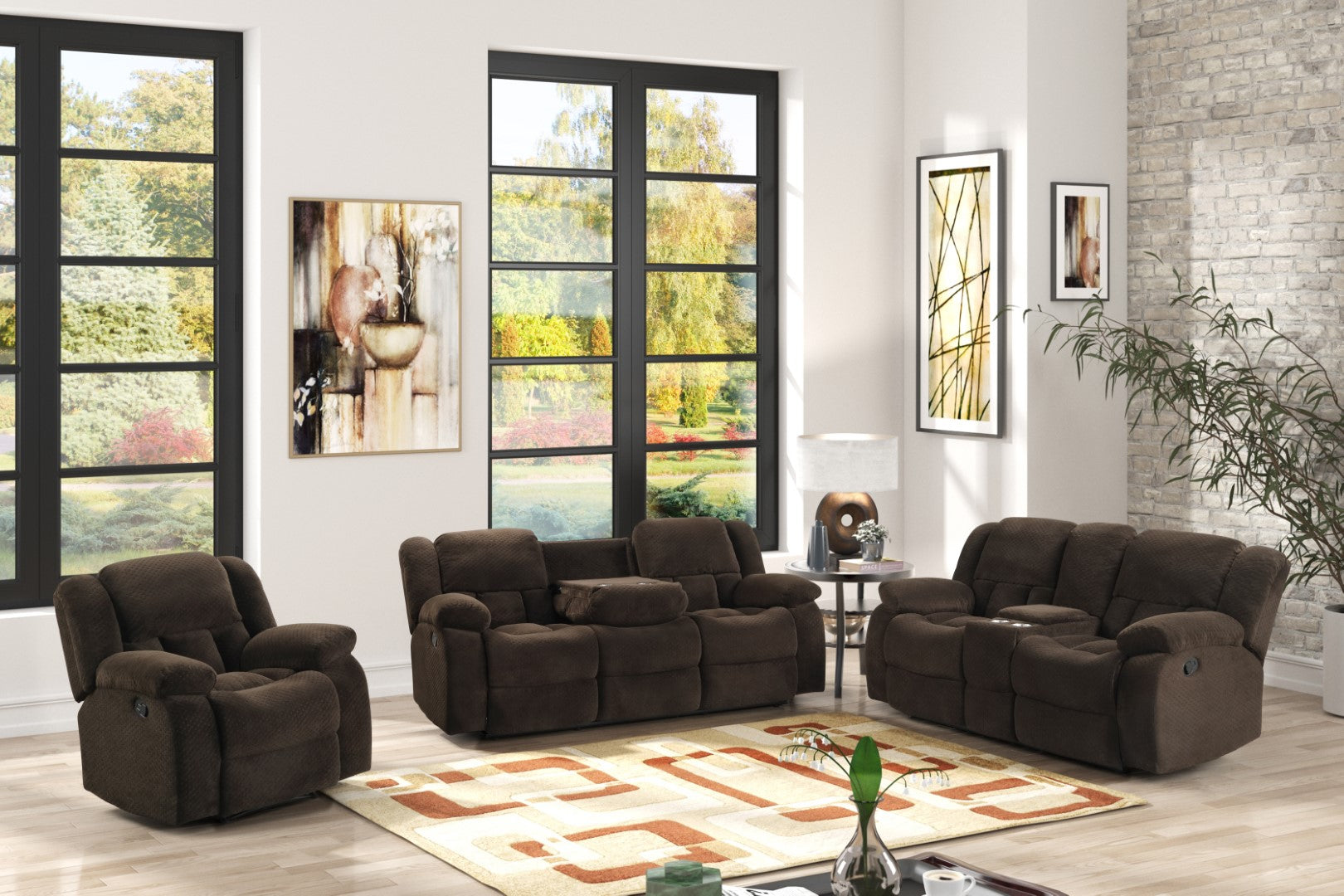 Galaxy Home Armada Manual Reclining 3 Piece Set Made with Chenille Fabric Brown Chenille Fabric