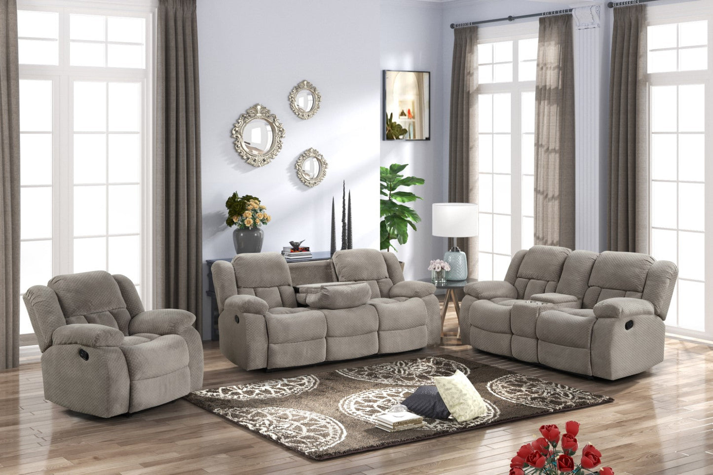 Galaxy Home Armada Manual Reclining 3 Piece Set Made with Chenille Fabric Ice Chenille Fabric