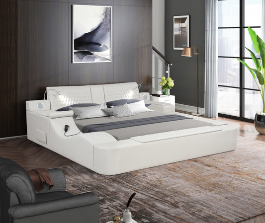 Galaxy Home Zoya Smart Multifunctional King Size Bed Made with Wood White Faux Leather
