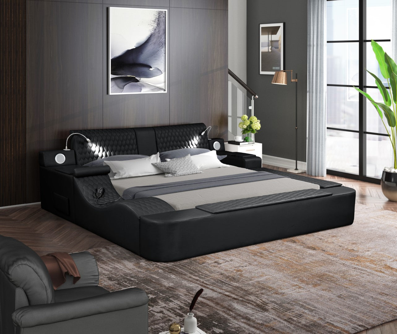 Galaxy Home Zoya Smart Multifunctional Queen Size Bed Made with Wood Black Faux Leather