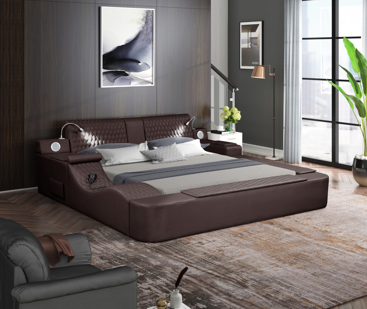 Galaxy Home Zoya Smart Multifunctional Queen Size Bed Made with Wood Brown Faux Leather