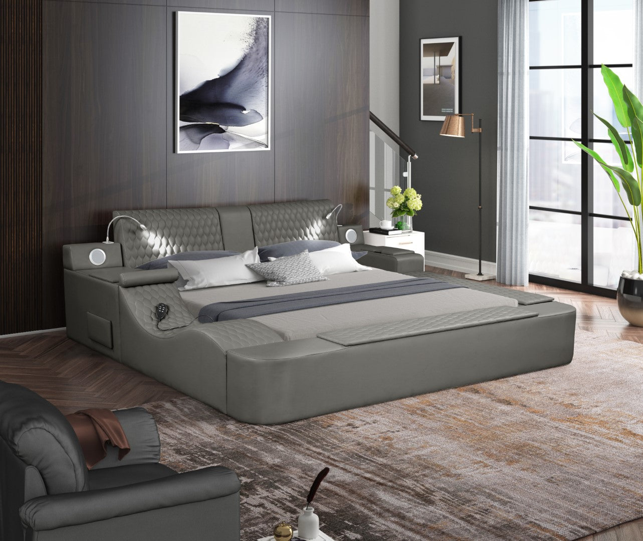 Galaxy Home Zoya Smart Multifunctional King Size Bed Made with Wood Gray Faux Leather