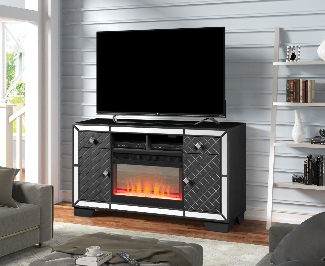 Galaxy Home Madison Solid Wood TV Stand With Electric Fireplace Beige Wood