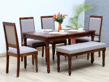 Hand Carved Compact Design Six Seater Dining Set with Upholstery Provincial Brown Finishing