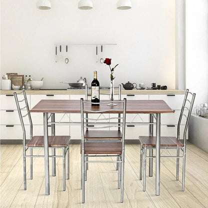 5 Piece Dining Table Set Wood Metal Kitchen Breakfast Furniture w/4 Chair Walnut