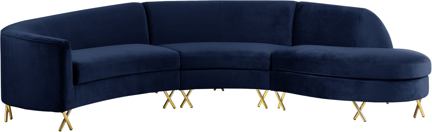 Serpentine Navy Velvet 3pc. Sectional