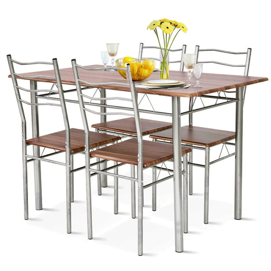 5 Piece Dining Table Set Wood Metal Kitchen Breakfast Furniture w/4 Chair Walnut