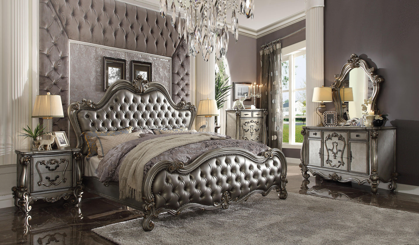 Versailles II Silver PU & Antique Platinum Queen Bed