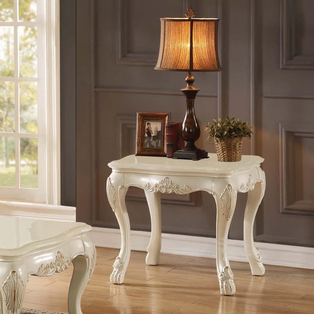 Acme Chantelle End Table with Marble Top in Pearl White 83542
