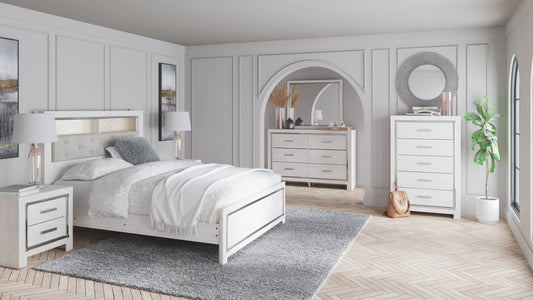 Altyra White LED Bookcase Upholstered Panel Bedroom Set