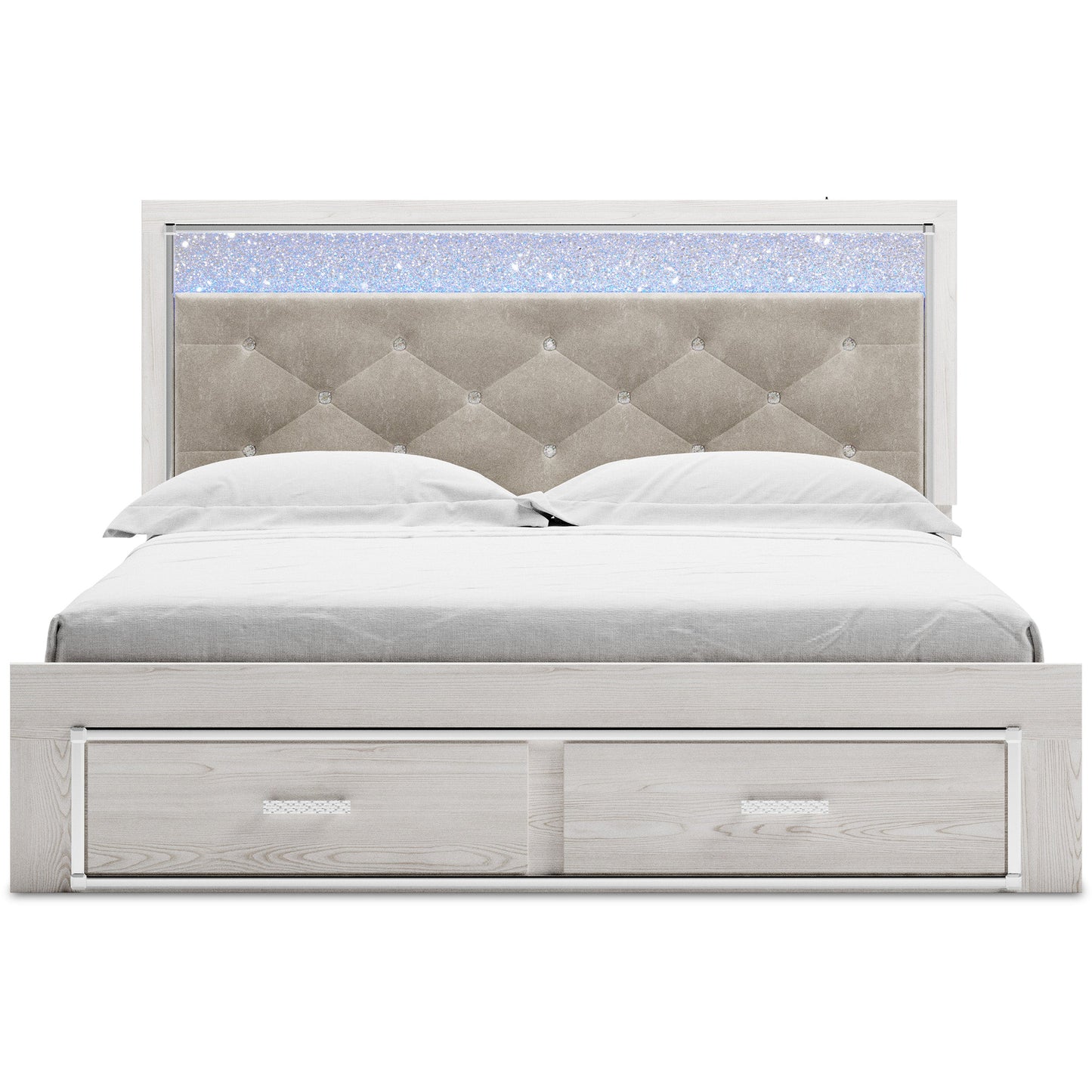 Altyra White LED Upholstered Footboard Storage Platform Bedroom Set