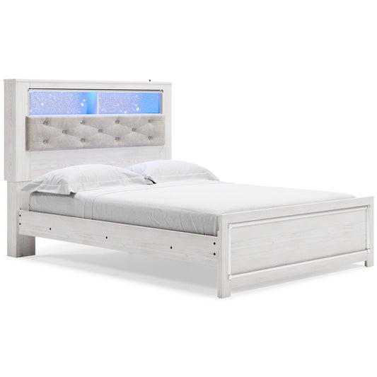 Altyra White LED Bookcase Upholstered Panel Bedroom Set