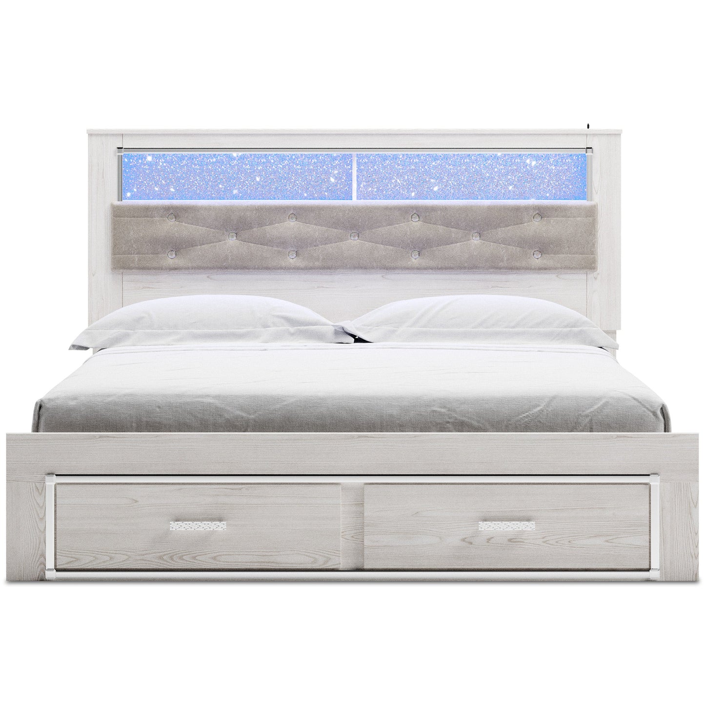 Altyra White LED Bookcase Upholstered Footboard Storage Platform Bedroom Set