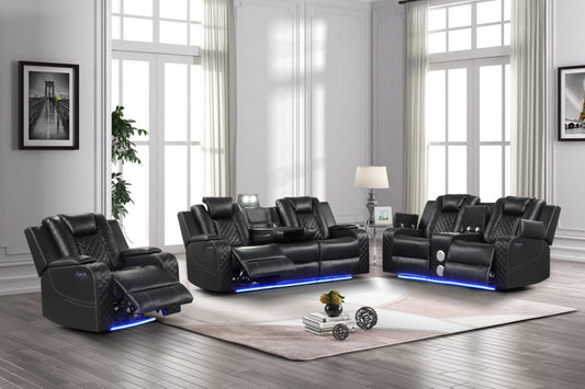 Galaxy Home Benz LED & Power Reclining 3 Piece Made with Faux Leather Black Faux Leather