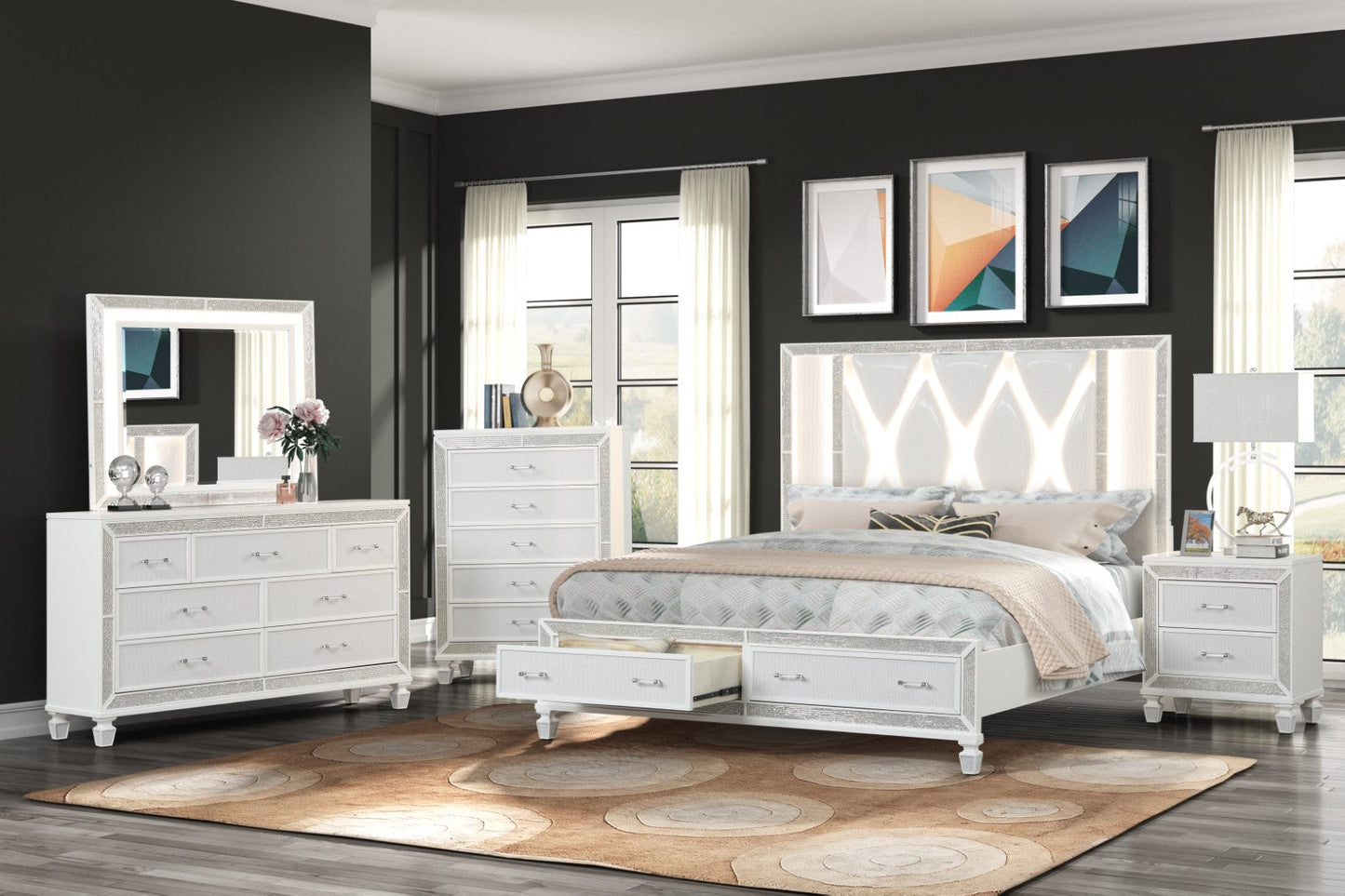 Crystal King 4 Piece Storage Wood Bedroom Set Finished