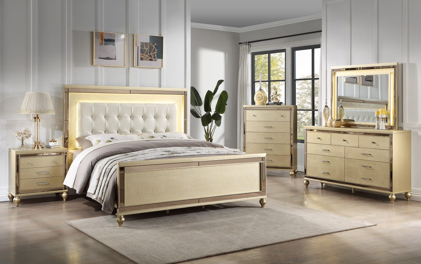 Galaxy Home Sterling Queen 5PC LED Bedroom Set Made with Wood Gold Solid + Manufactured Wood