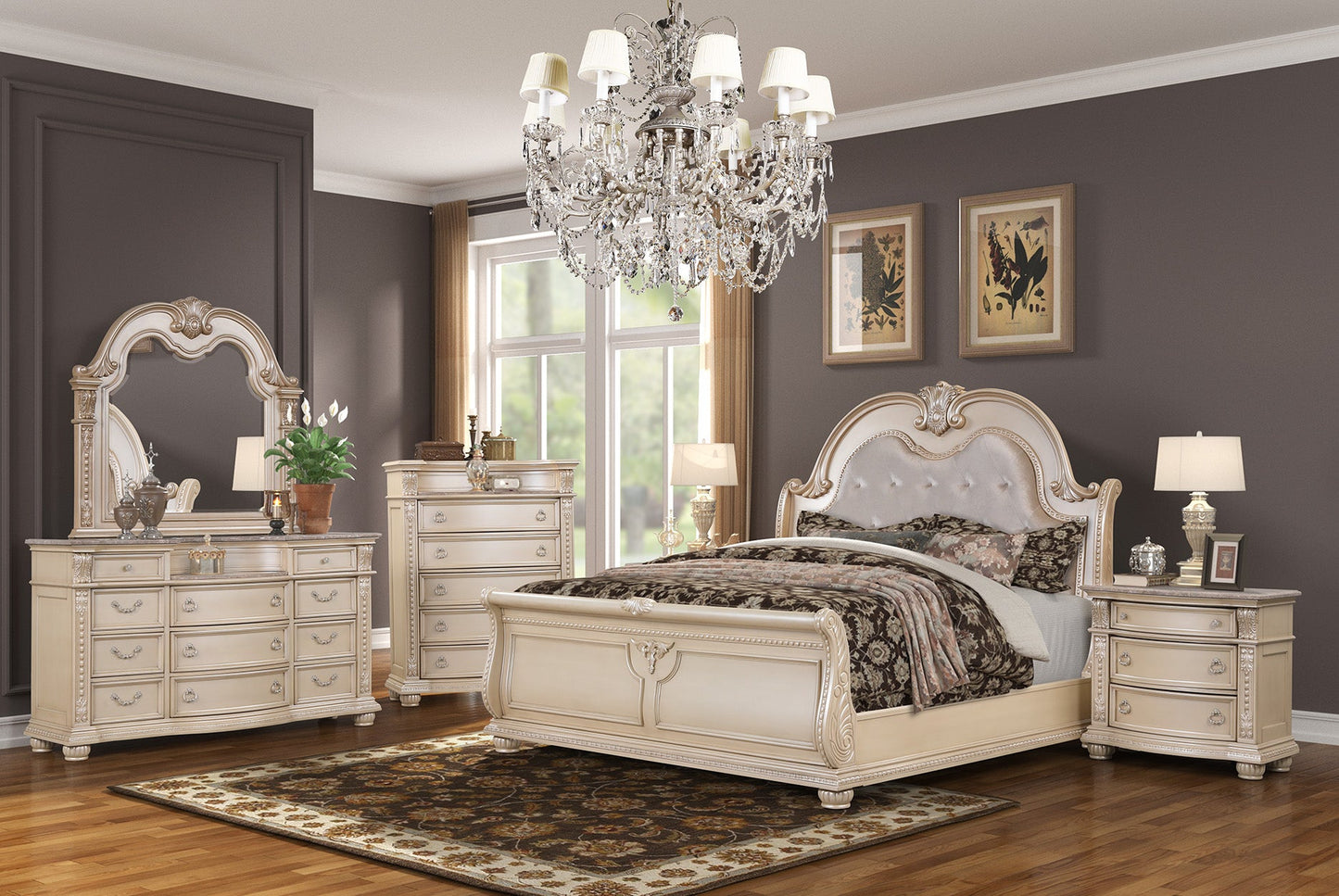 Galaxy Home Roma Traditional Style King 5 Piece Bedroom set made with Wood Gold Wood