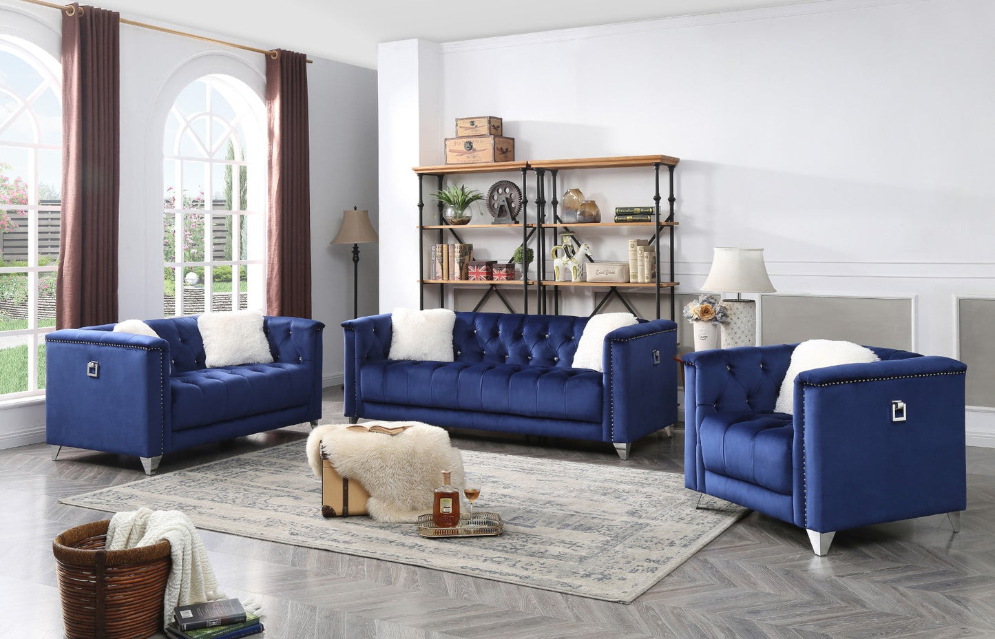 Galaxy Home Russell Tufted Upholstery 3 Piece Living Room Set Finished Velvet Fabric in Blue Velvet