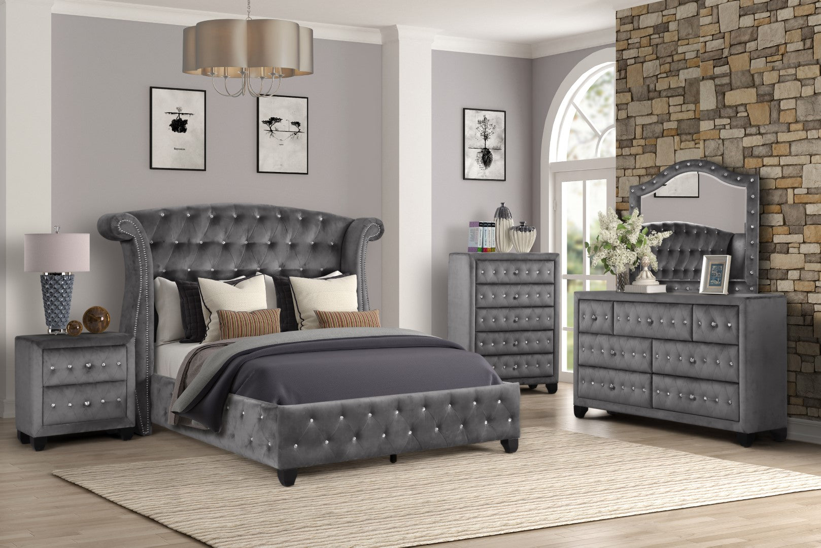 Galaxy Home Sophia Queen 5 Upholstery Bedroom Set Made With Wood Gray Wood