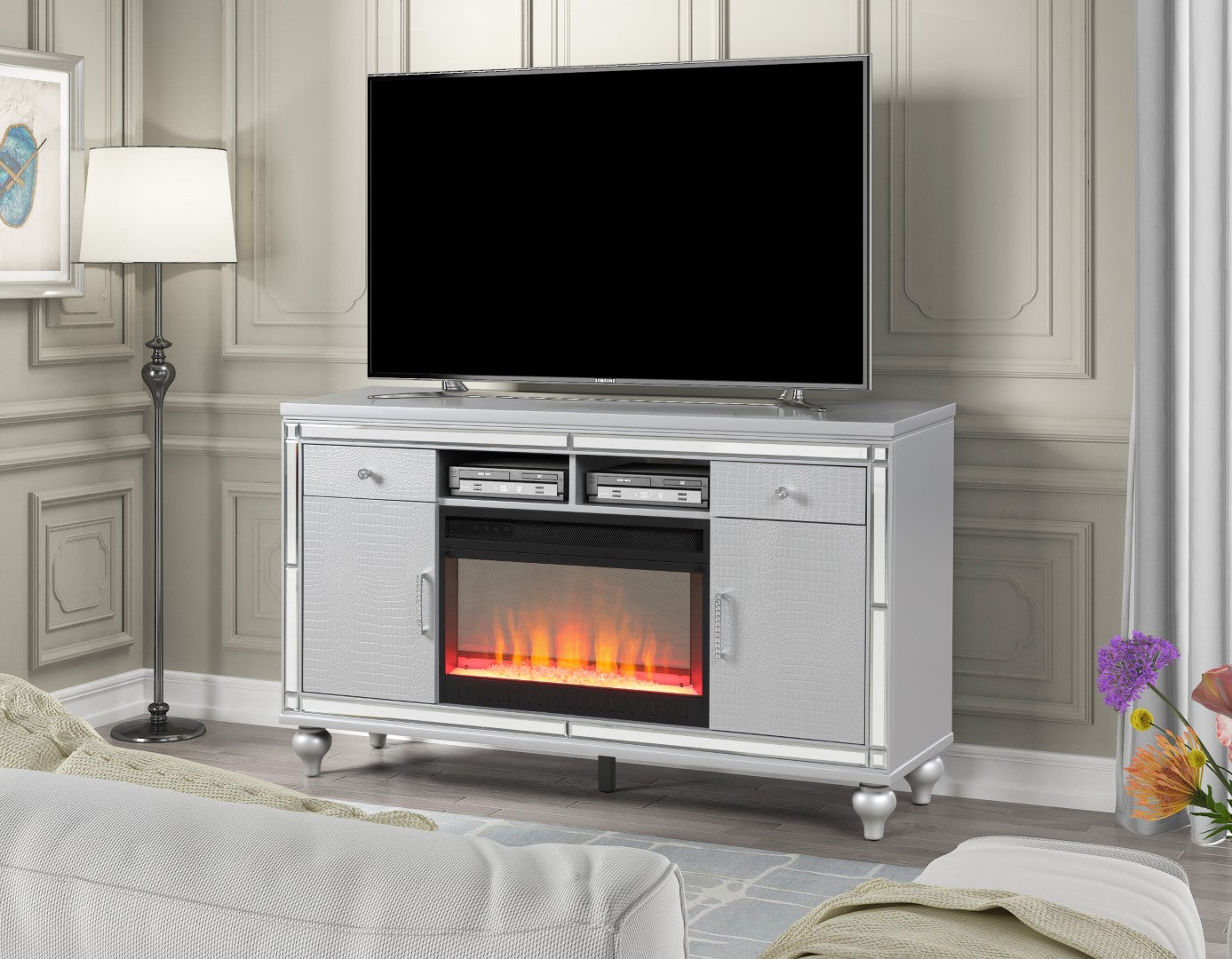 Galaxy Home Sterling Solid Wood TV Stand With Electric Fireplace Silver Wood