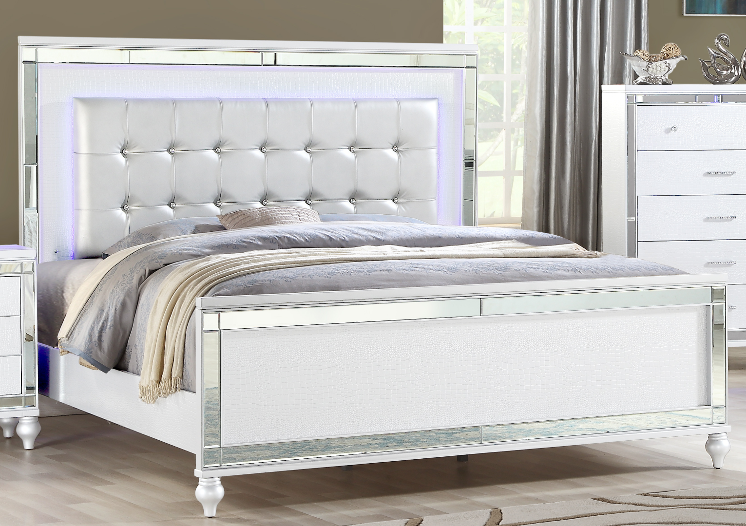 Galaxy Home Sterling Queen 5PC LED Bedroom Set Made with Wood White Solid + Manufactured Wood