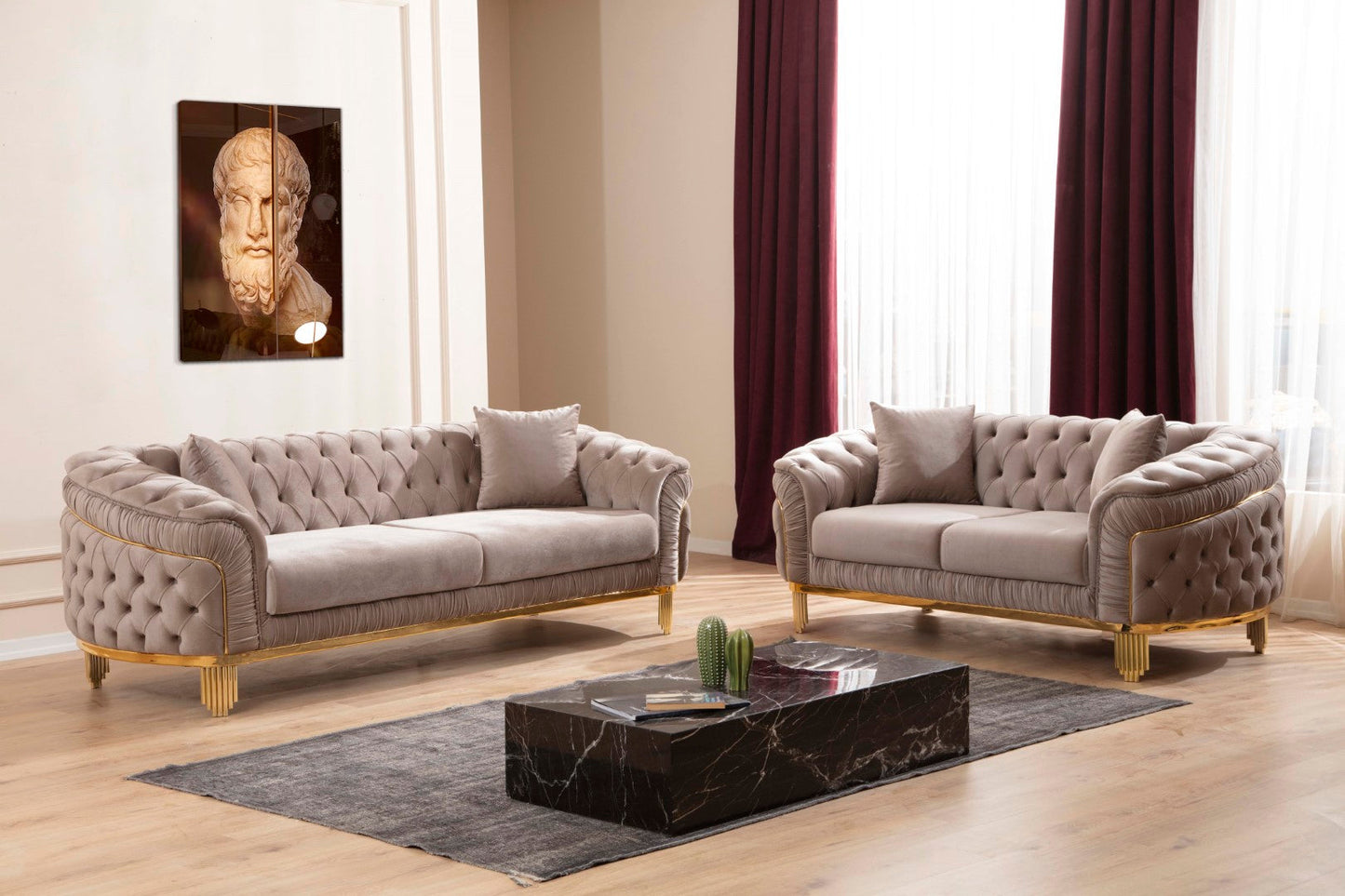 Vanessa 3 Piece Living Room Set Finished with Velvet Upholstery