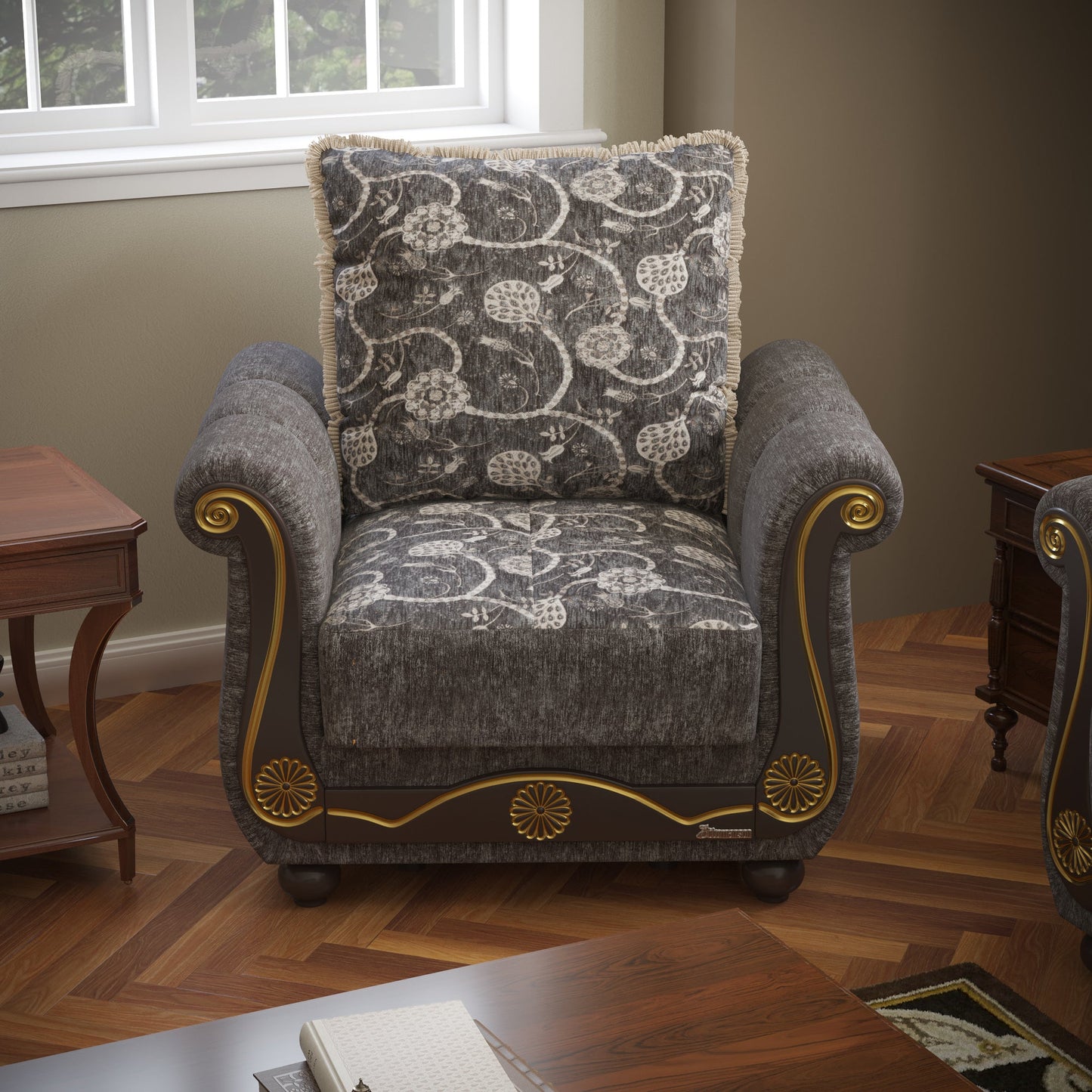 Americana Upholstered Convertible Armchair with Storage Grey