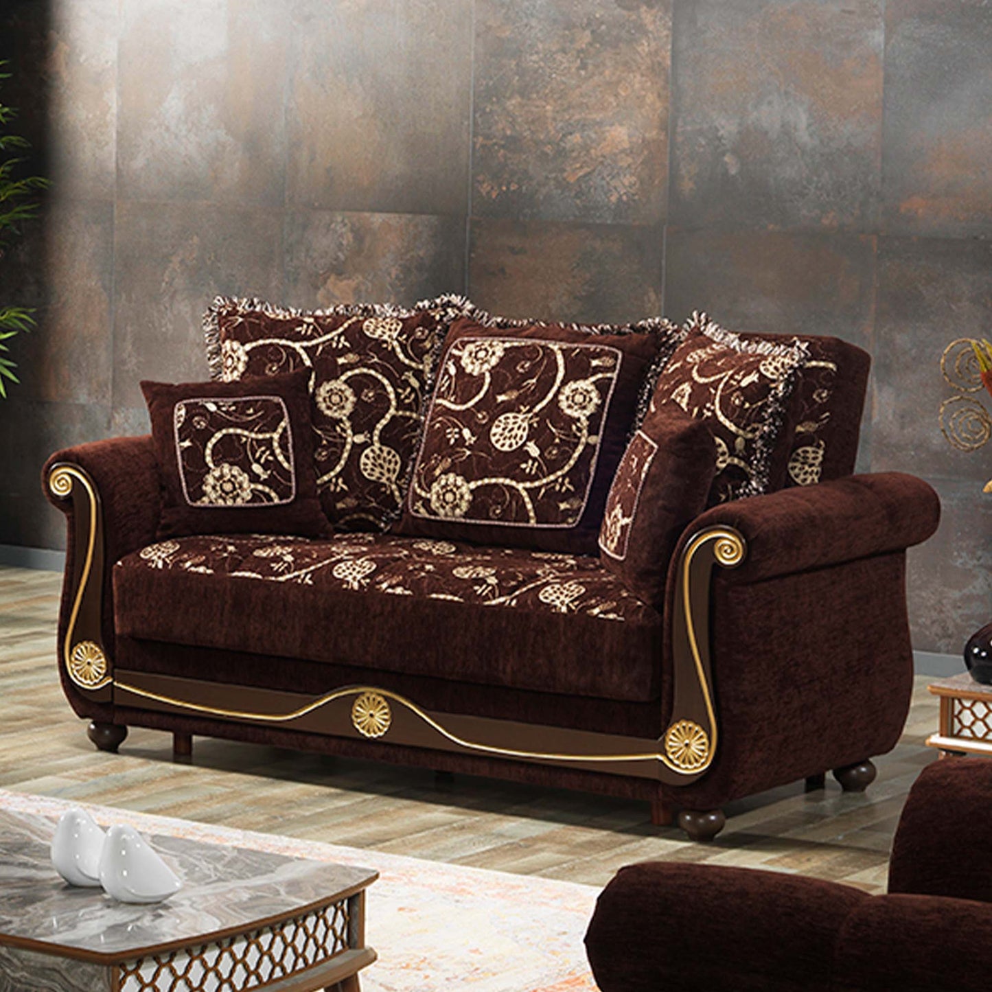 Americana Upholstered Convertible Loveseat with Storage Brown