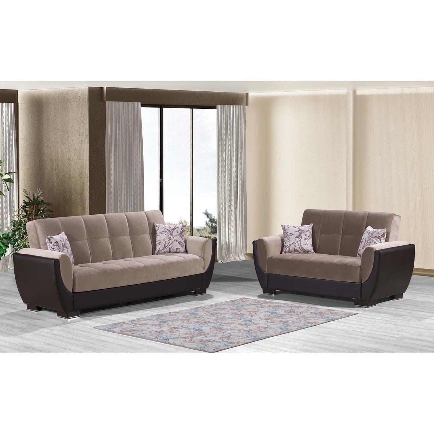 Armada Air Upholstered Convertible Loveseat with Storage Beige/Brown-PU Chenille