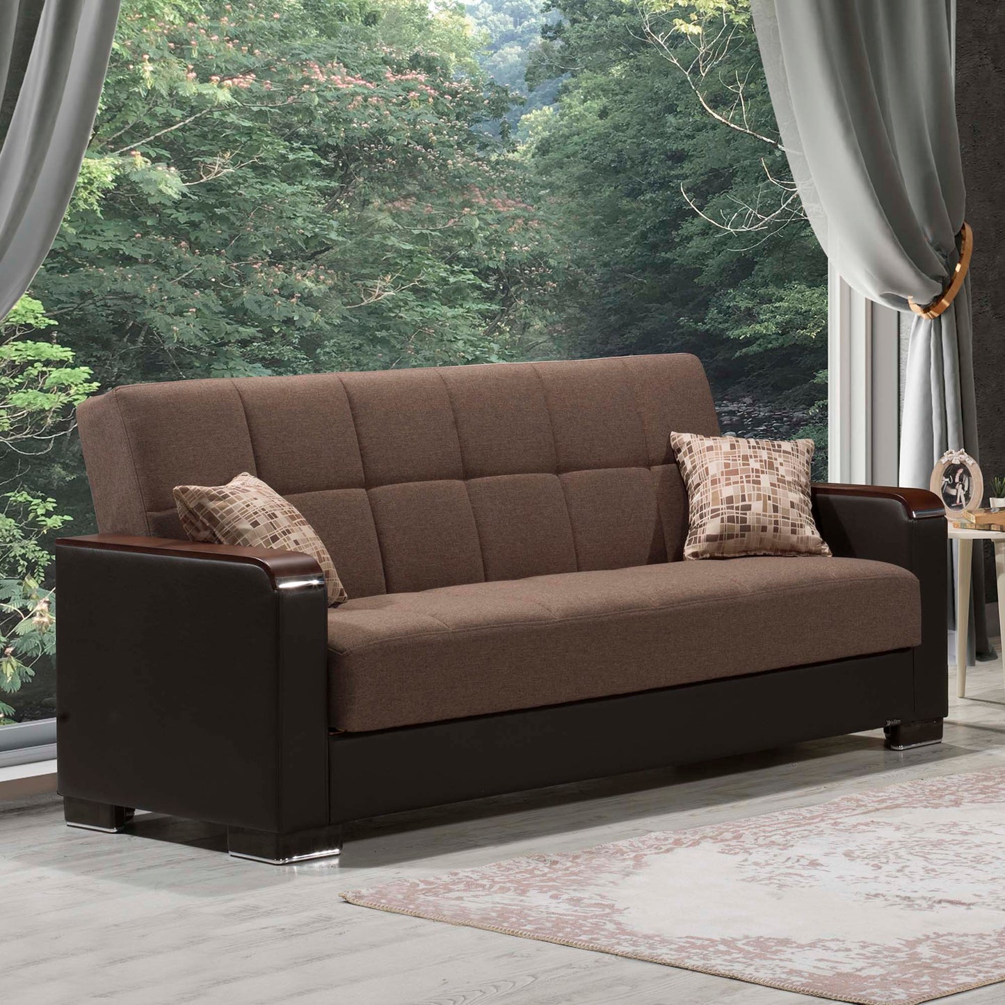 Armada X Upholstered Convertible Wood Trimmed Sofabed with Storage Brown/Brown-PU Polyester