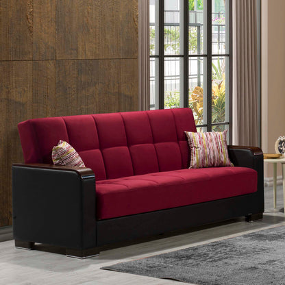 Armada X Upholstered Convertible Wood Trimmed Sofabed with Storage Burgundy/Black-PU Microfiber