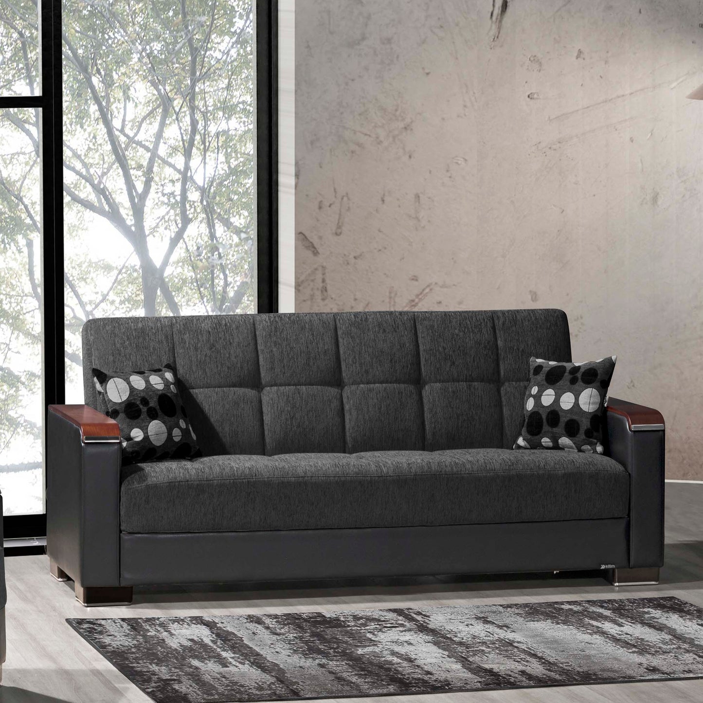 Armada X Upholstered Convertible Wood Trimmed Sofabed with Storage Grey/Black-PU Chenille