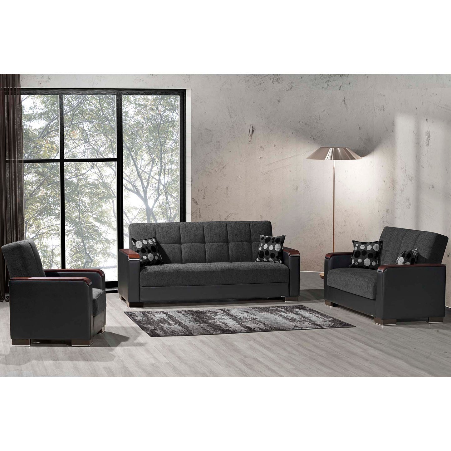 Armada X Upholstered Convertible Wood Trimmed Sofabed with Storage Grey/Black-PU Chenille