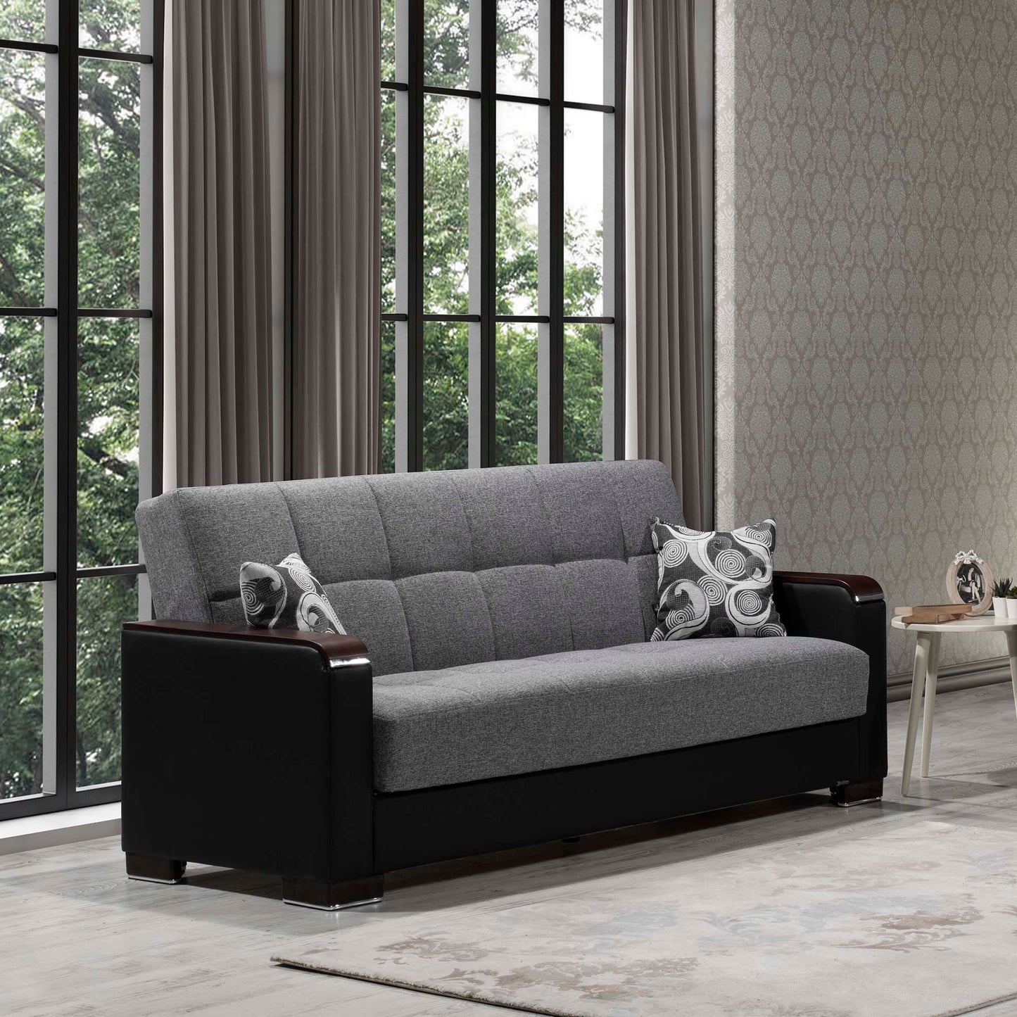 Armada X Upholstered Convertible Wood Trimmed Sofabed with Storage Grey/Black-PU Polyester