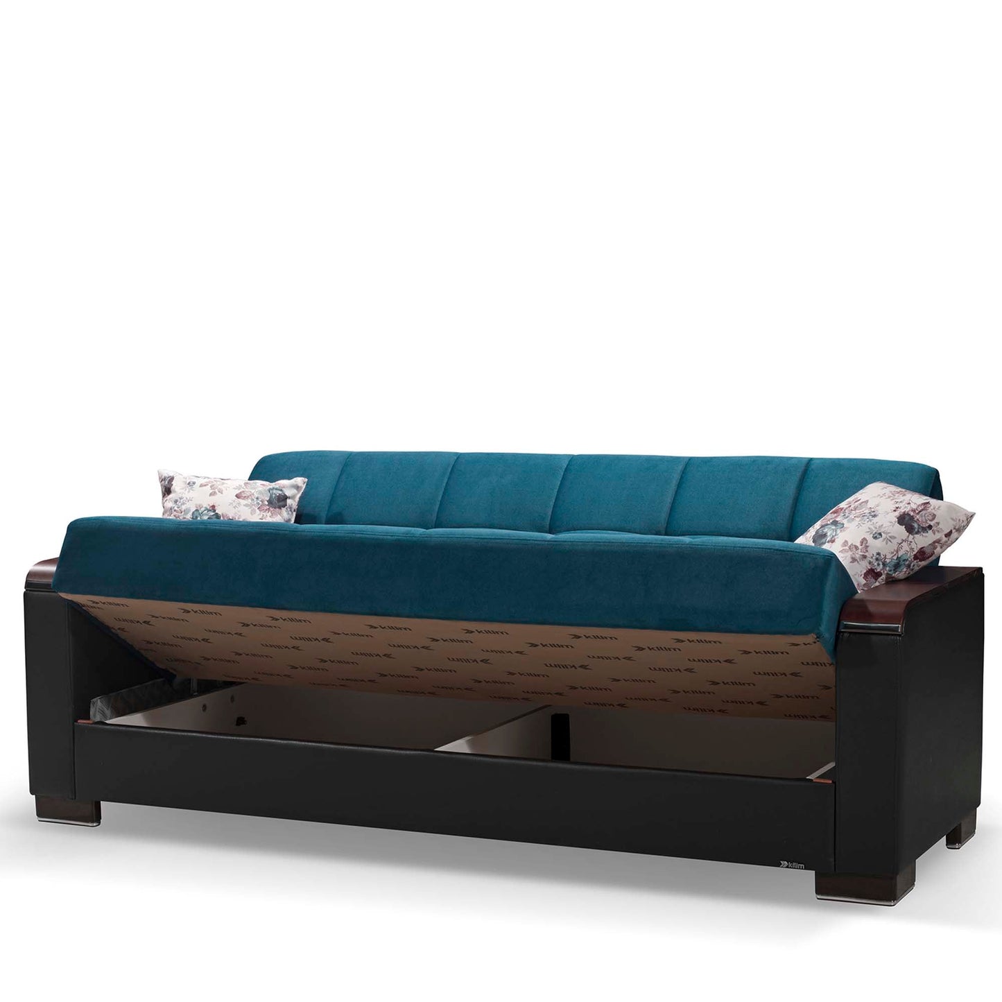 Armada X Upholstered Convertible Wood Trimmed Sofabed with Storage Turquoise/Black-PU Microfiber