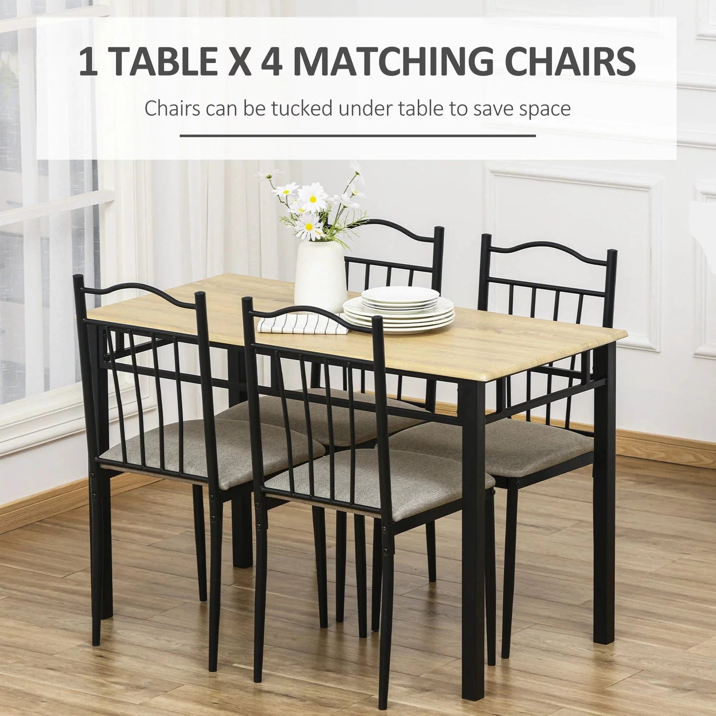 5 Piece Dining Set 1 Table 4 Chairs for Home Kitchen with Padded Seat, Metal Frame