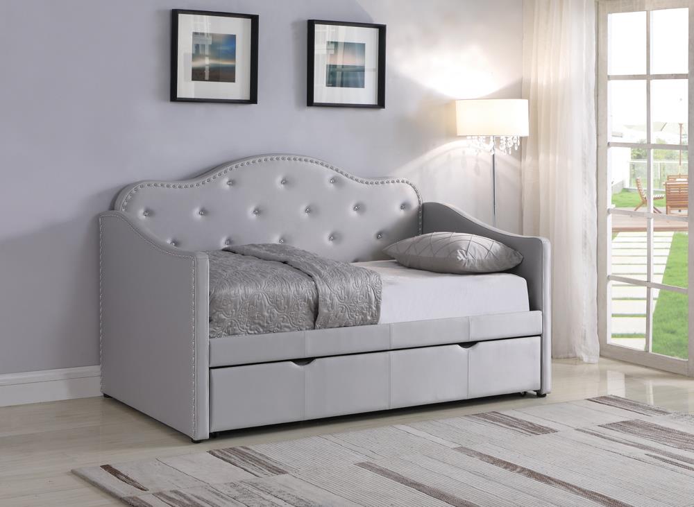 Elmore Pearlescent Gray Upholstered Twin Daybed with Trundle