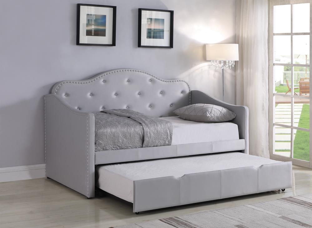 Elmore Pearlescent Gray Upholstered Twin Daybed with Trundle