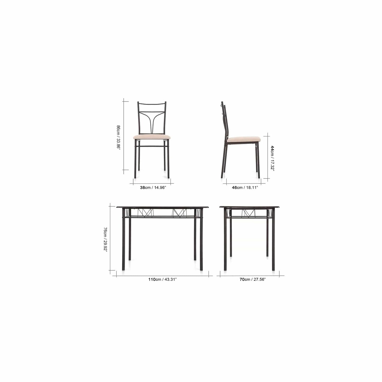 5-Pieces Modern Metal Frame Dining Kitchen Table Chairs Set for 4 Person Kitchen Furniture