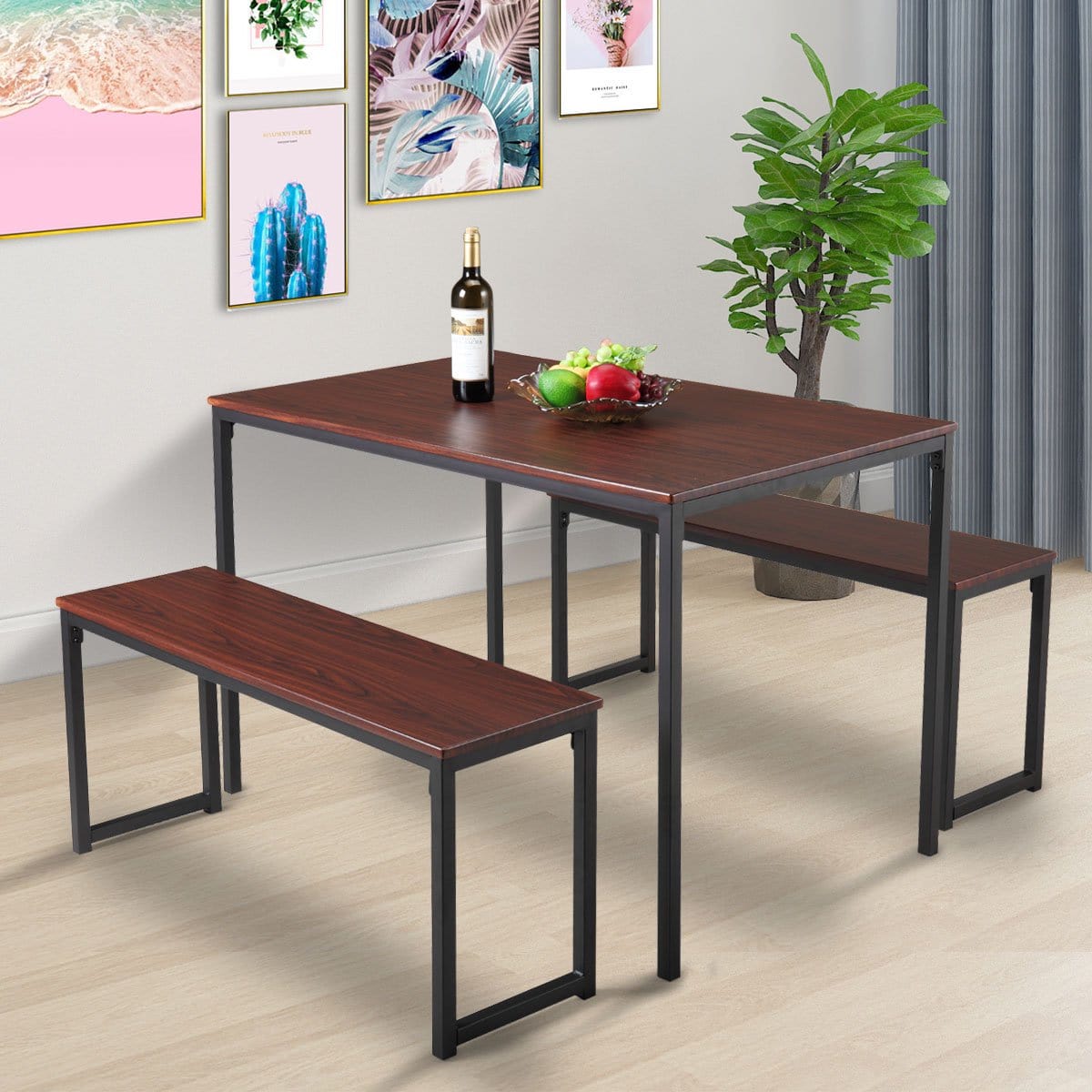 3-Piece Dining Table Set With 2 Benches Wood Table Top Dining Table with Metal Frame for Dining Room, Pub and Bistro, Brown