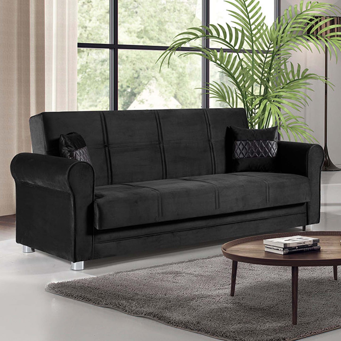 Sara Upholstered Convertible Sofabed with Storage Black