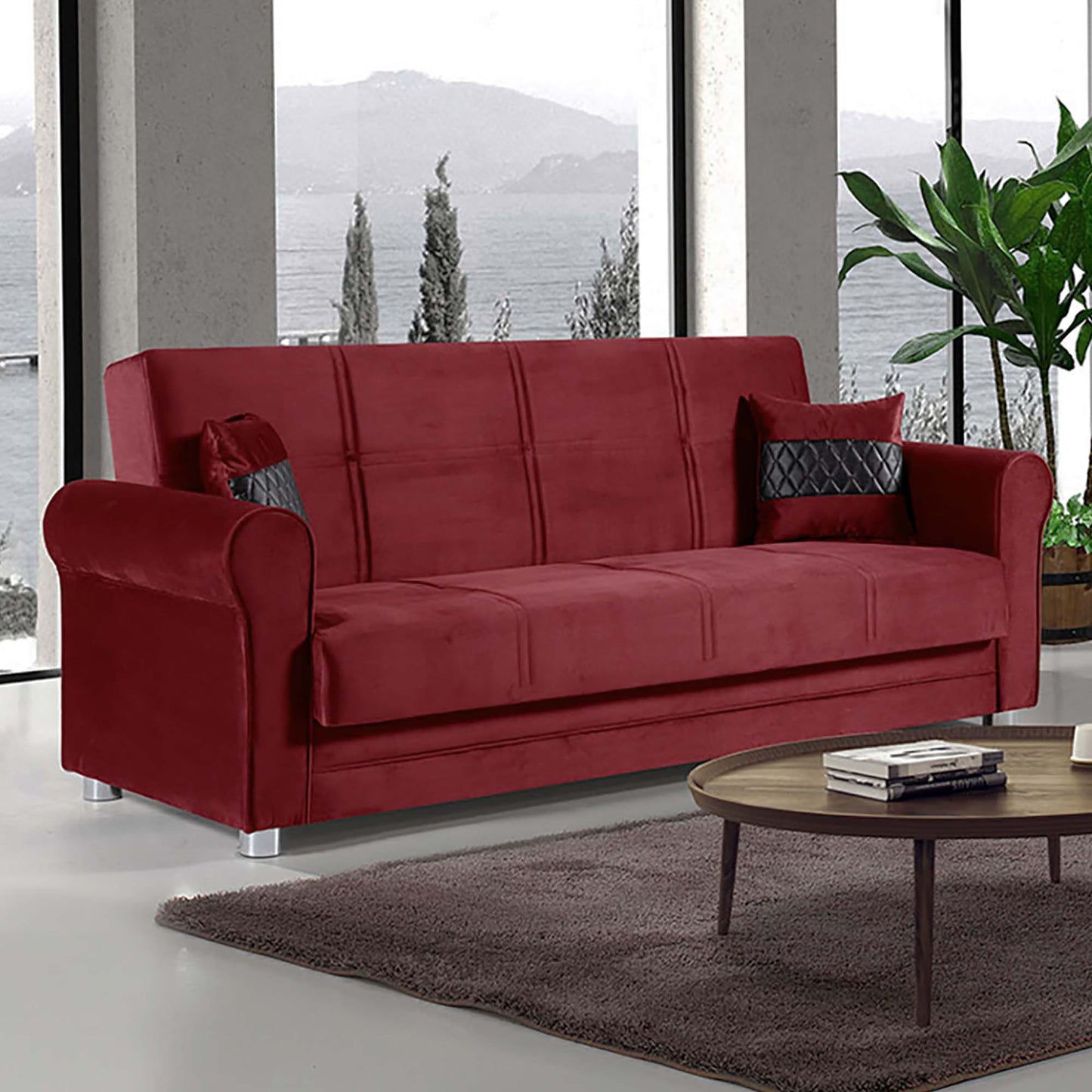 Sara Upholstered Convertible Sofabed with Storage Burgundy